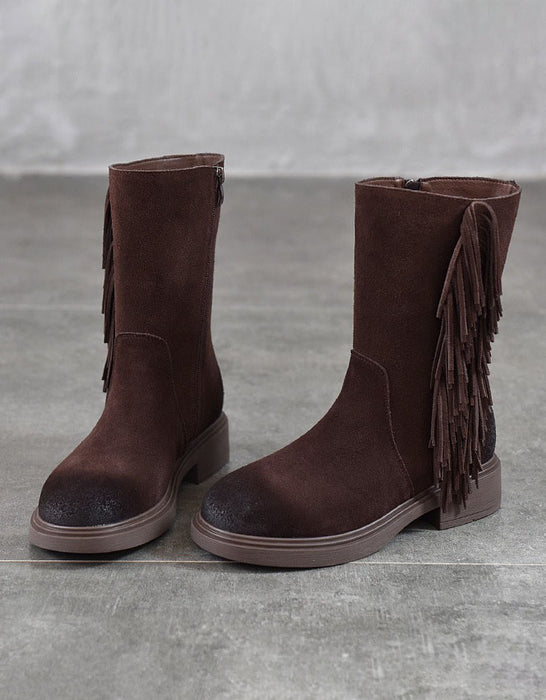 Genuine Leather Winter Autumn Side Tassel Mid-calf Boots