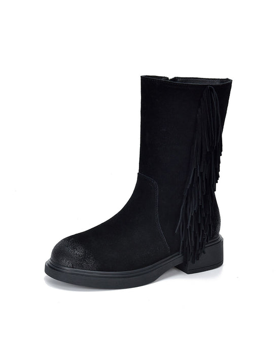 Genuine Leather Winter Autumn Side Tassel Mid-calf Boots