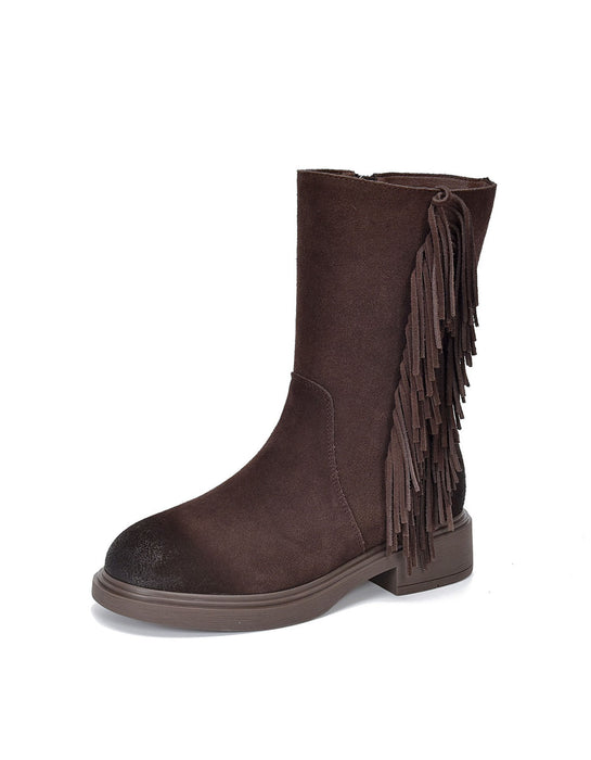 Genuine Leather Winter Autumn Side Tassel Mid-calf Boots