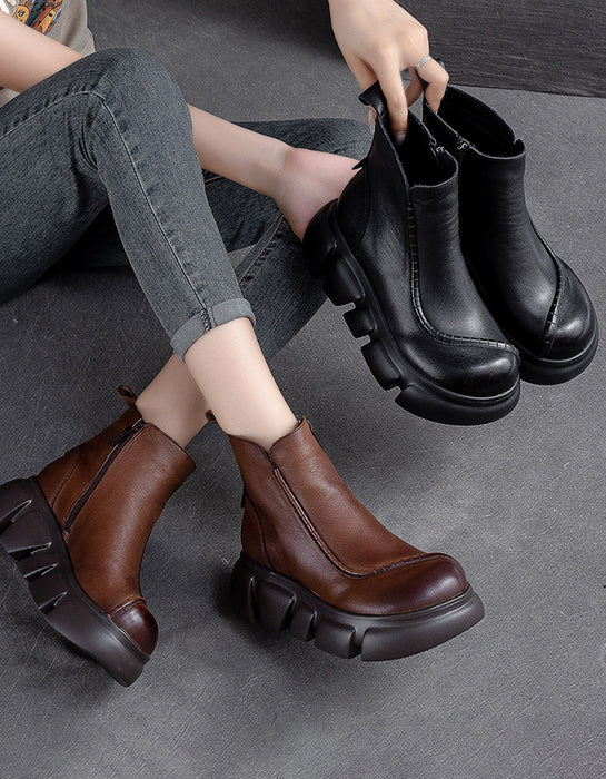 Botas de plataforma de invierno de cuero retro impermeables para mujer