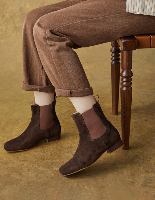 Autumn Winter Square Toe Side Elastic Slip-on Ankle Boots