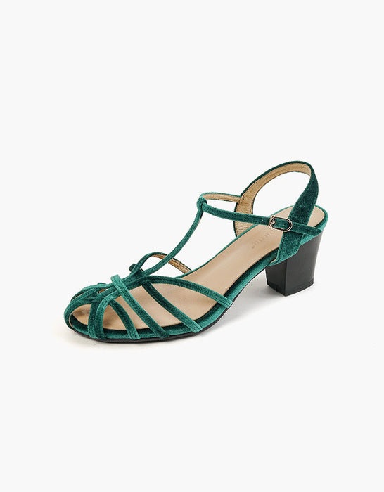 Handmade Velvet T-strap Vintage Chunky Heels Sandals Green July Shoes Collection 2026 95.00