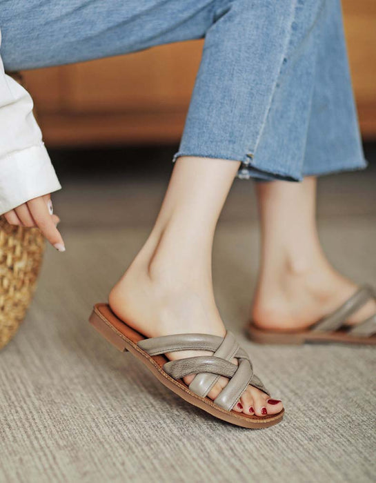 Comfortable Cross Straps Leather Slippers
