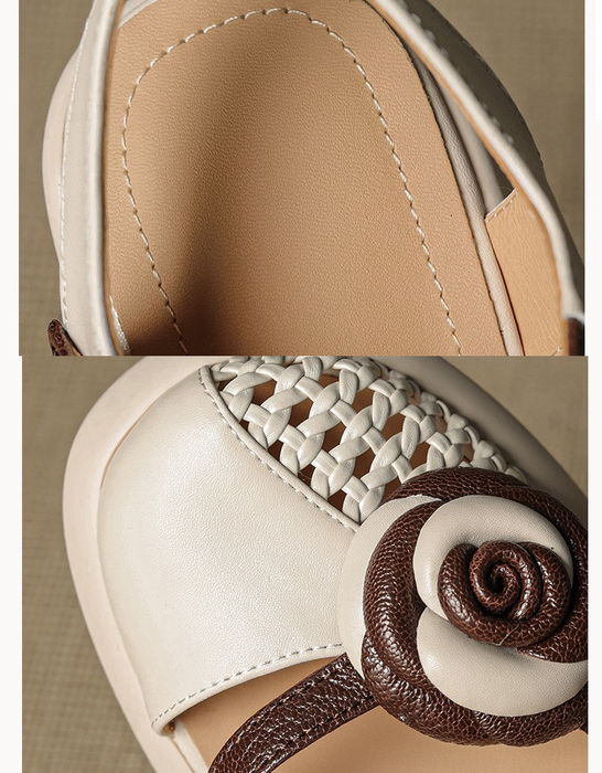 Summer Blocked Heels Leather Flowers Close Toe Sandals