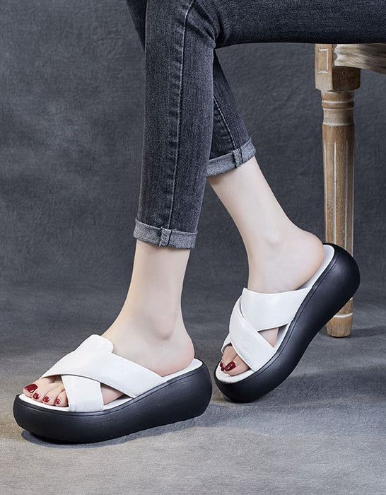 Comfortable Leather Cross Strap Wedge Slippers