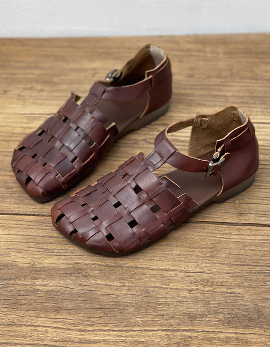 Square Toe Soft Leather Woven Fishermen Sandals