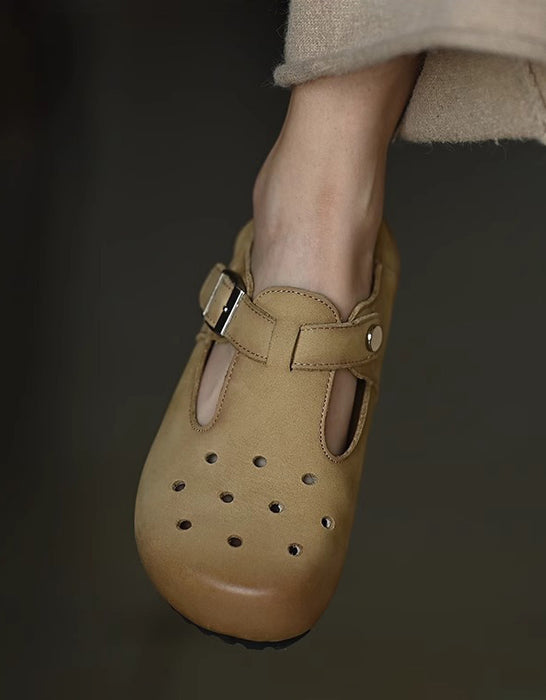 Comfort Leather Hollow T-strap Wide Toe Box Clogs Slippers