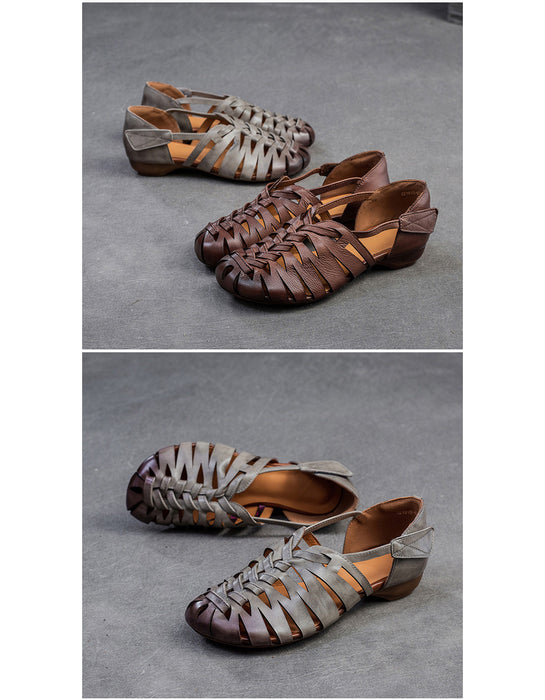 Close Toe Breathable Leather Braids Retro Flat Sandals 36 / Gray Close Toe Breathable Leather Braids Retro Flat Sandals 36 / Gray
