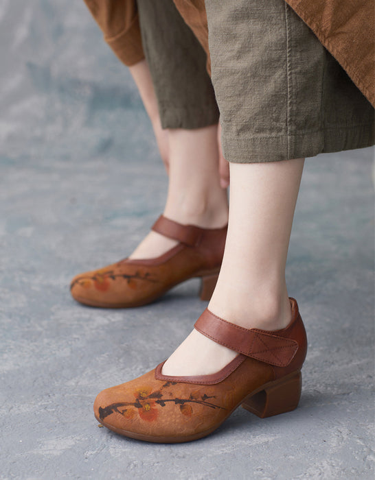 Handmade Printed Suede Ankle Strap Elegant Chunky Heels