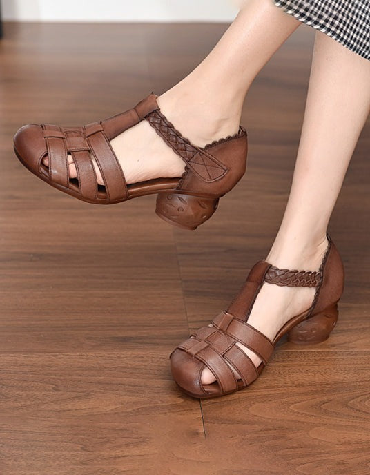 Leather Woven Close Toe Chunky Heel Sandals