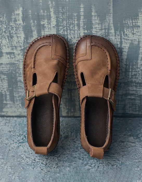 Soft Leather T-strap Handmade Retro Flat Shoes
