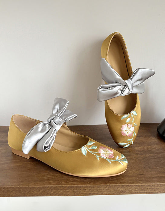 Vintage Bowknot Strap  Satin Flower Embroidered Flats