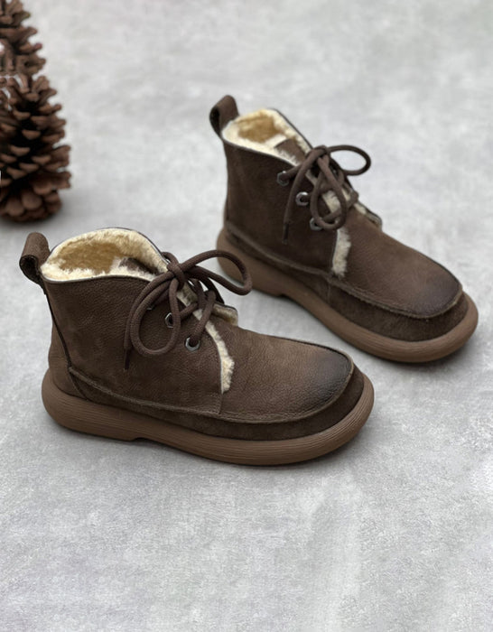 Winter Comfortable Soles Soft Leather Lace-up Boots With Fur