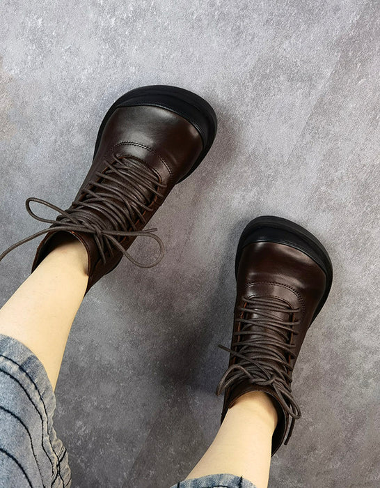 women's dress boots with wide toe box Retro Leather Lace-up Wide Toe Box Ankle Boots