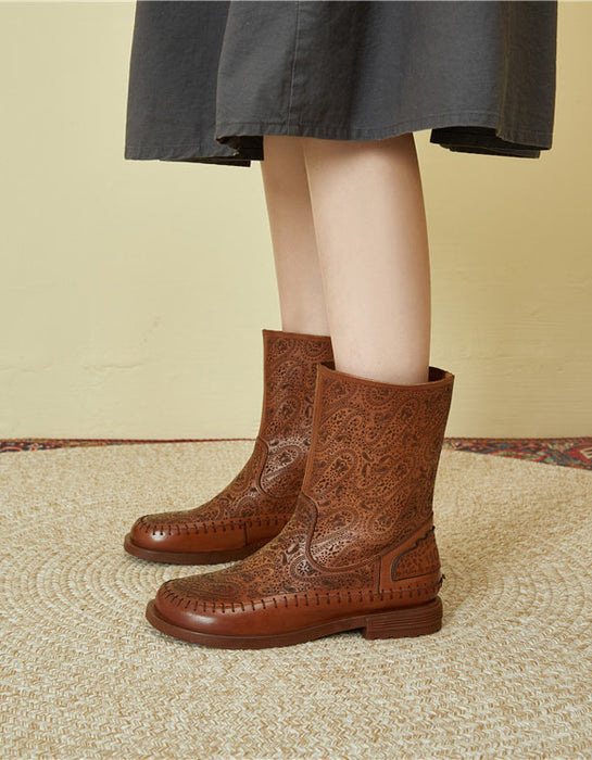 Autumn Handmade Carved Short Boots for Women