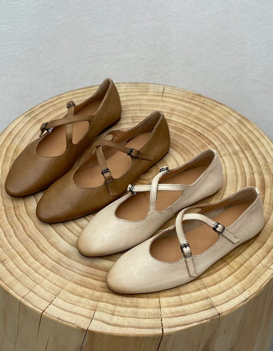 Soft Leather Pointed Toe Cross Strap Retro Flat Shoes