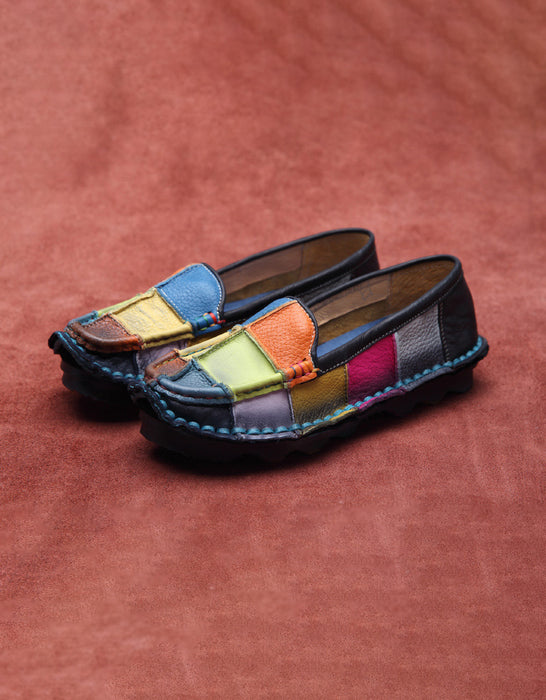 Color Plaid Round Head Handmade Retro Leather Loafers 43