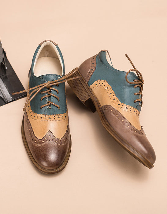 Real Leather Three Tone Lace-up Brogue Oxford Shoes Women
