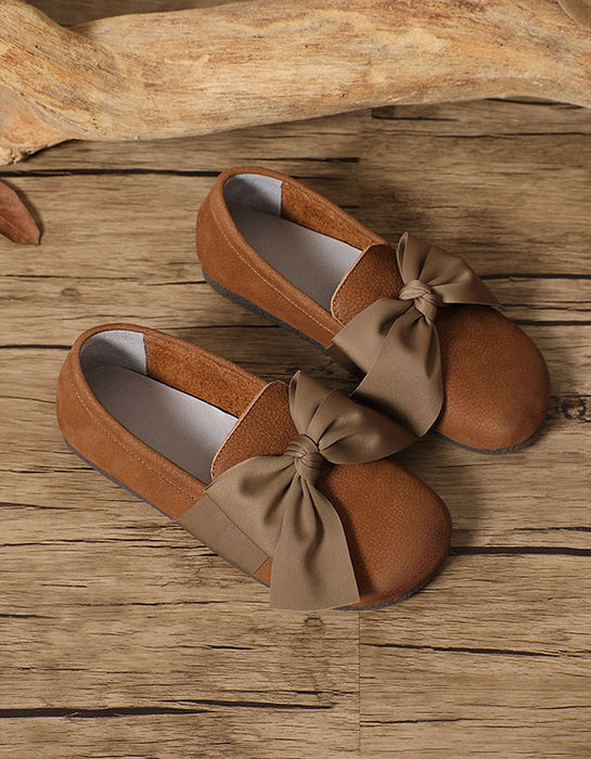 Soft Leather Round Head Bowknot Retro Flat Shoes