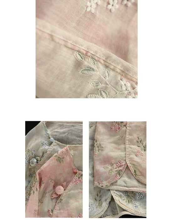 Summer Mid-sleeve Round Neck Embroidery Flower Shirts