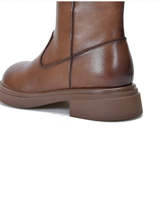 Winter Autumn Round Toe Long Leather Boots for Women