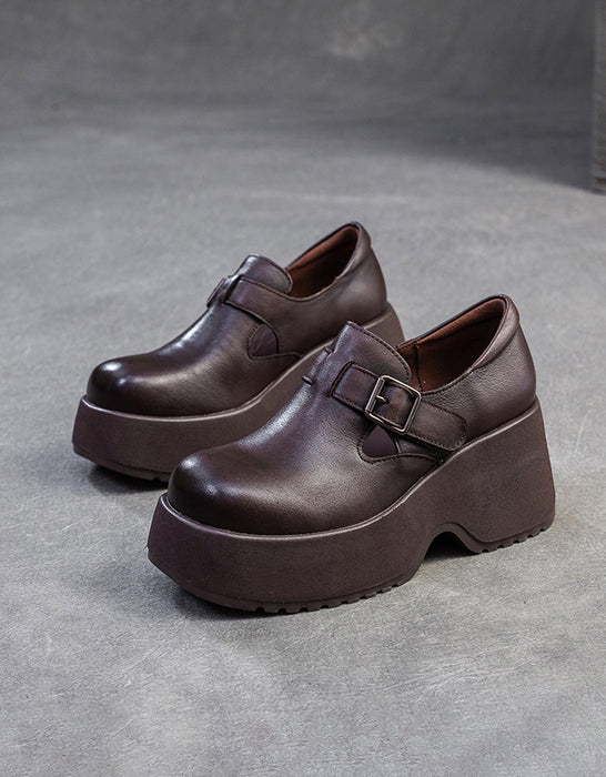 Spring Comfortable Wide Toe T-strap Platform Shoes 39 / Coffee