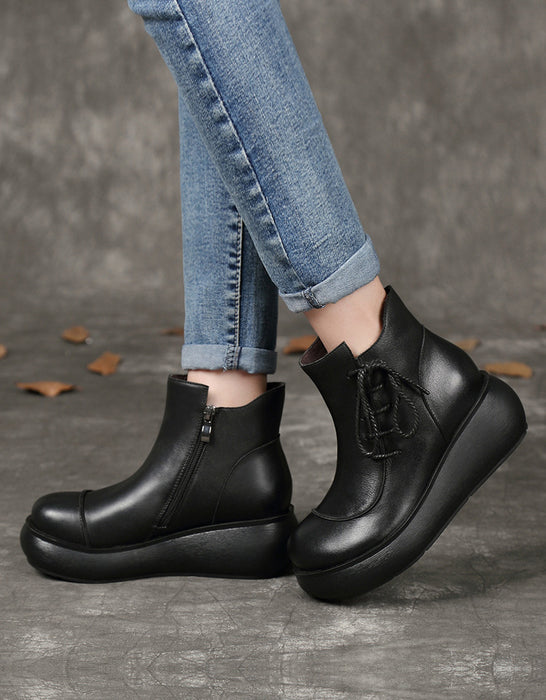 Side Lace-up Handmade Wide Toe Box Wedge Boots