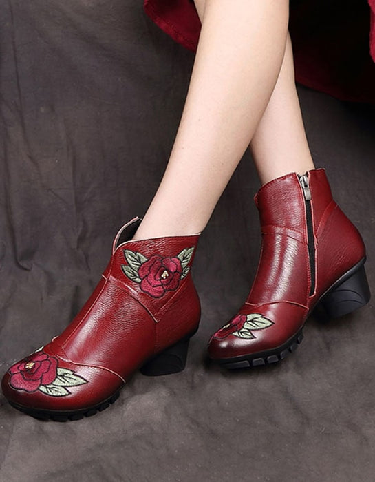 Genuine Leather Embroidered Round Head Winter Boots