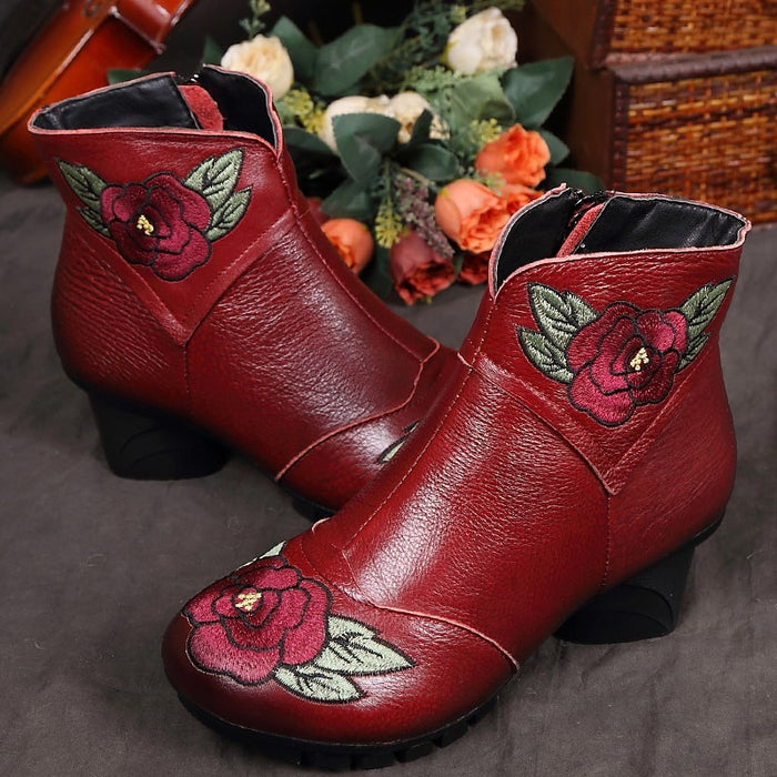 Genuine Leather Embroidered Round Head Winter Boots