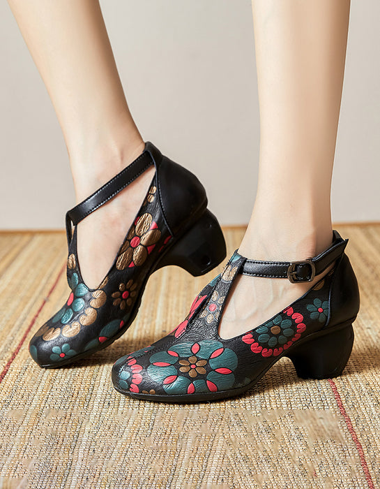 Flower Printed Leather T-strap Chunky Heels Dec Shoes Collection 2022 80.80