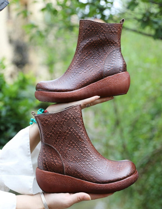 Autumn Retro Leather Snakeskin Pattern Wedge Boots