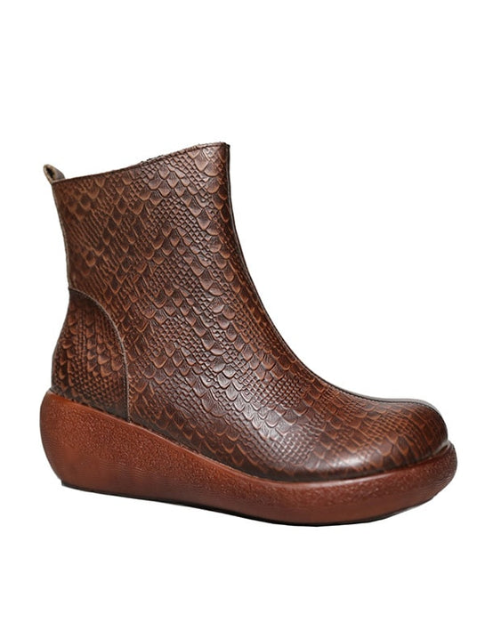 Autumn Retro Leather Snakeskin Pattern Wedge Boots