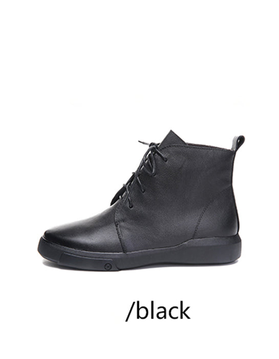 Autumn Winter Genuine Leather Flat Retro Lace-up Boots