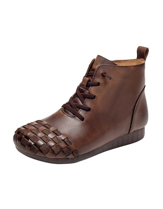 Autumn Winter Leather Weaving Velvet Retro Boots