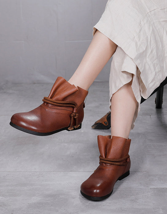 Autumn Winter Low-Tube Lace-up Leather Retro Boots