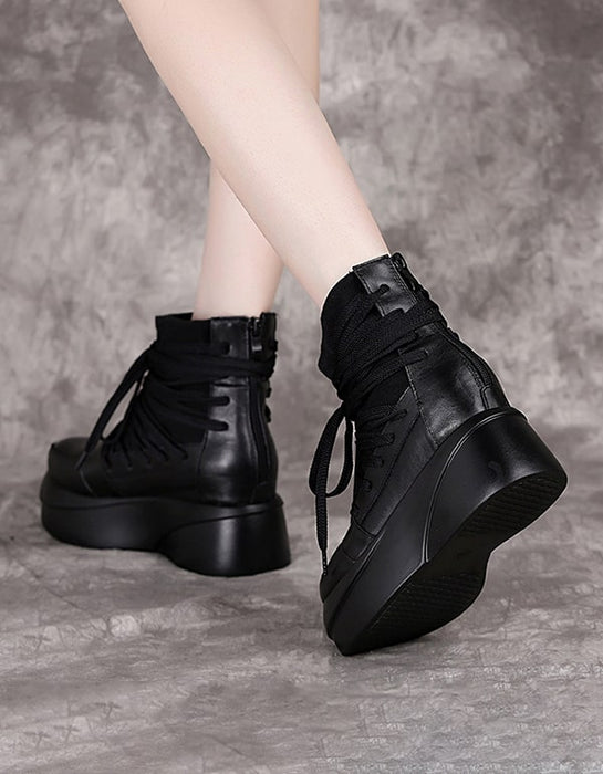 Autumn Winter Retro Leather Lace-up Platform Boots — Obiono