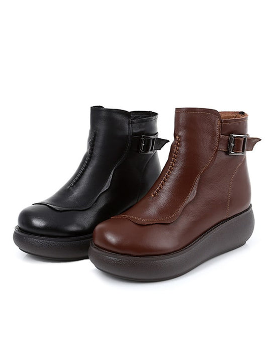Autumn Winter Retro Leather Wedge Boots For Women