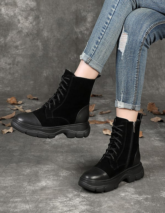 Autumn Winter Thick-sole Lace-up Retro Suede Boots
