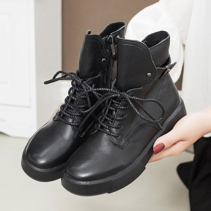 Autumn Winter Retro Leather Lace-up Black Ankle Boots for Women
