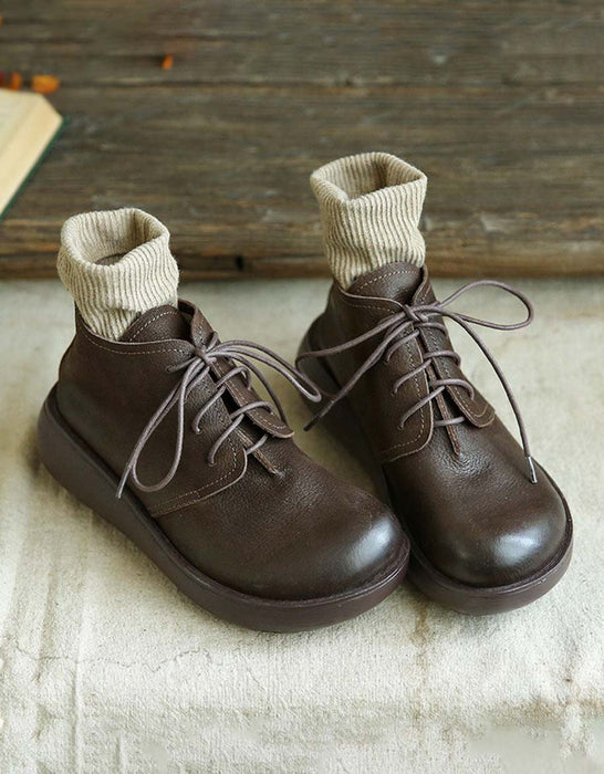 Handmade Retro Leather Lace-up Wedge Winter Boots
