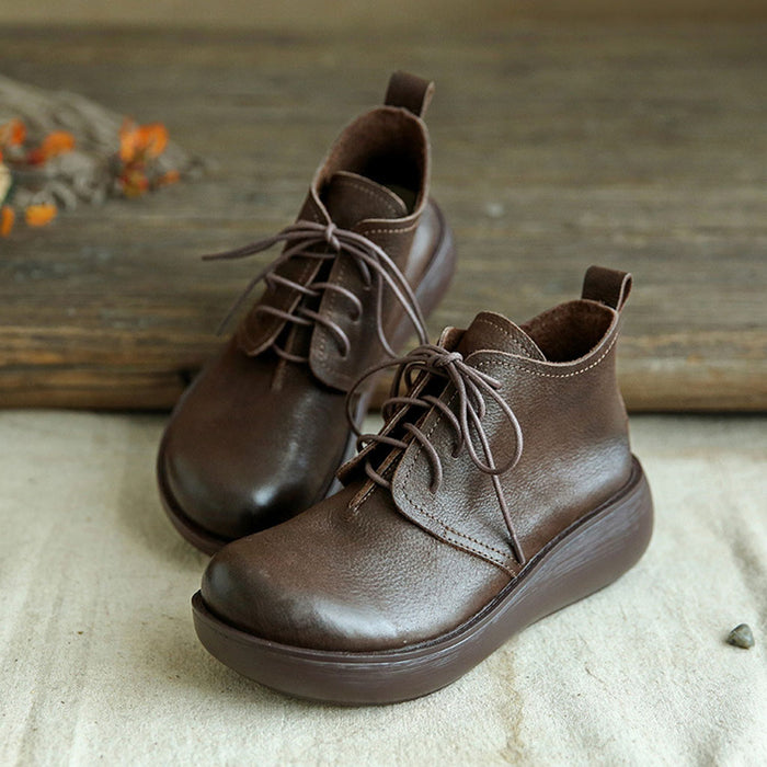 Handmade Retro Leather Lace-up Wedge Winter Boots