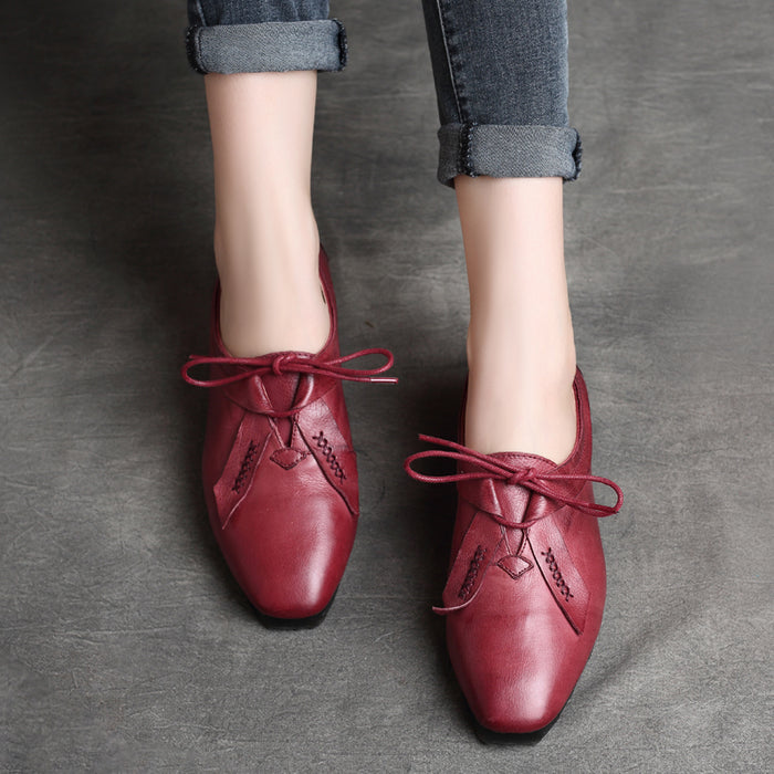 Autumn Retro Leather Square Head Handmade British style Flats |Gift Shoes