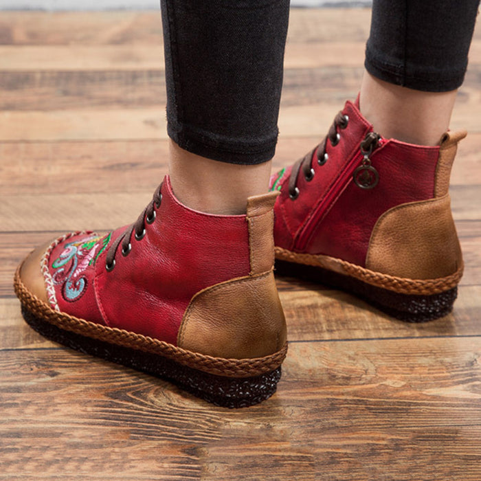 Bottes Cuir Femme Style Vintage - Talon Bloc, Semelle Antidérapante, Motif Halloween, Lacets - 2