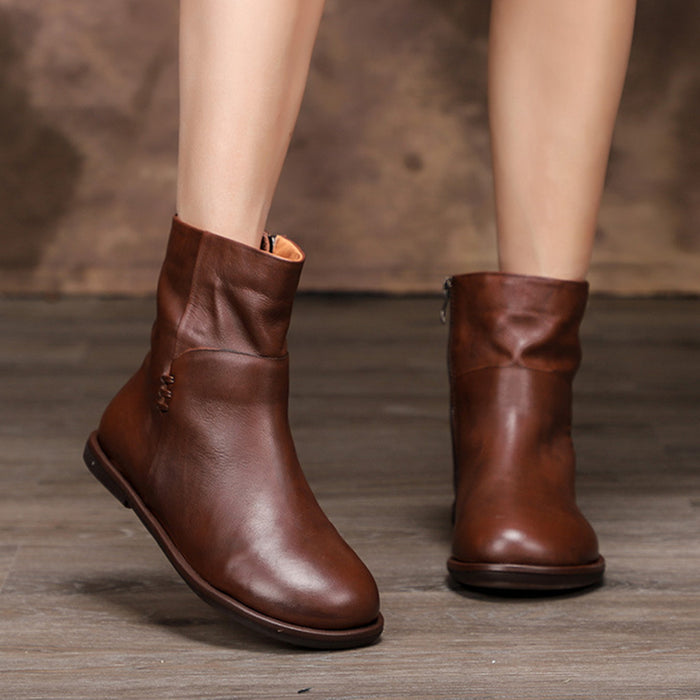 Autumn Winter Retro Leather Soft Bottom Plus Fluffy Women's Boots