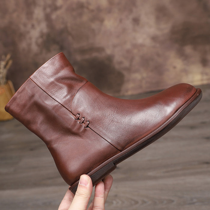 Autumn Winter Retro Leather Soft Bottom Plus Fluffy Women's Boots