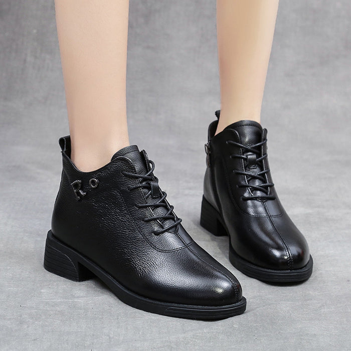 Autumn Winter Leather Thick Women's Black Boots
