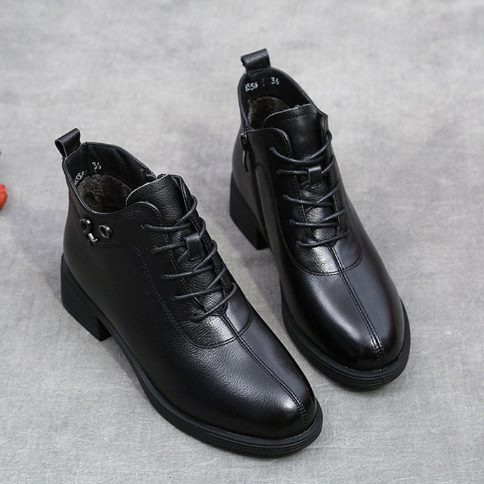 Autumn Winter Leather Thick Women's Black Boots