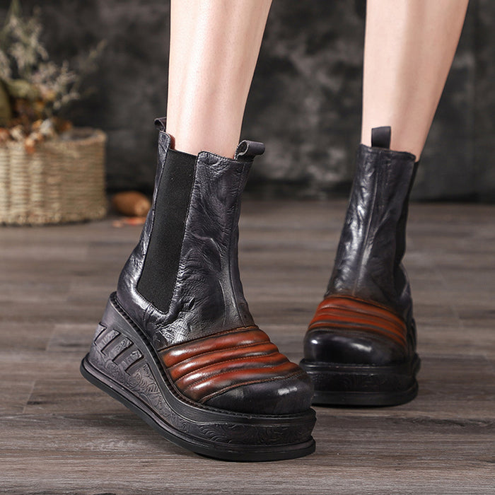 Autumn Winter Thick Wedges Leather Retro Elastic Comfortable Women's Boots
