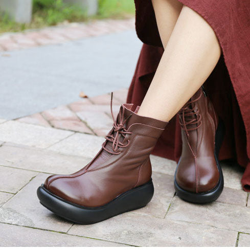 Handmade Comfortable Lace-up Retro Wedge Boots