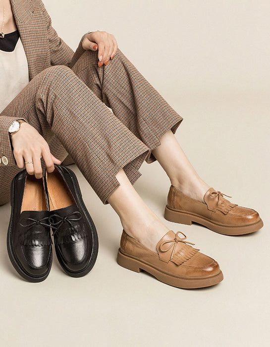 ONEENO Women's Casual Flat Leather Loafer With Tassel Detail | Slip-Resistant & Comfortable Everyday Shoes